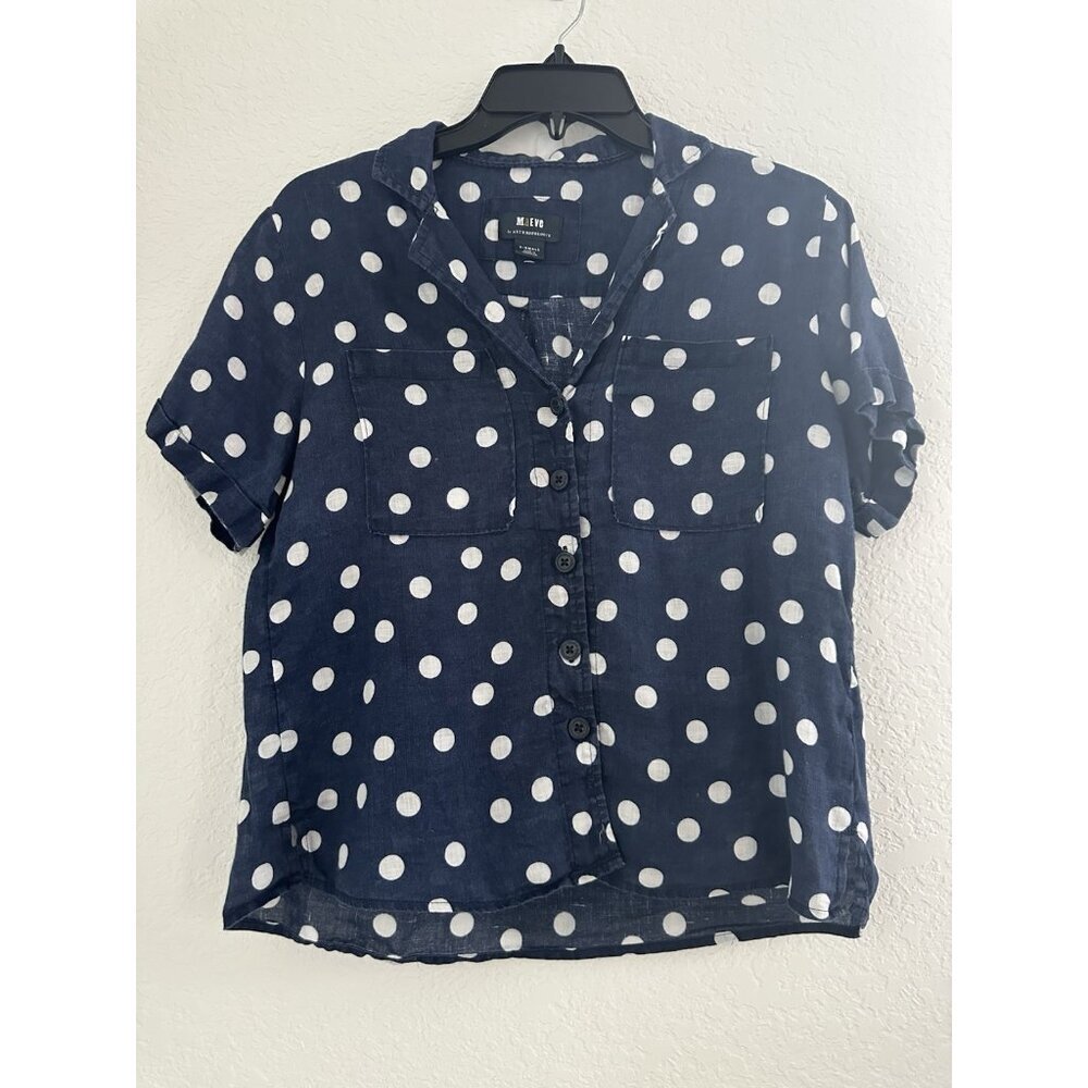 Anthropologie Maeve Women Button Down Shirt Top Surf Linen Navy Dot XS Casual - Picture 2 of 10